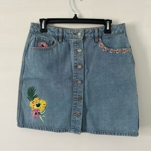 Buffalo David Bitton Faith Floral Embroidered Button Down Denim Jean Skirt 28